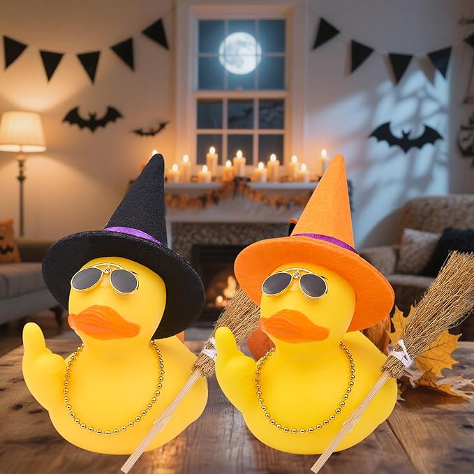 Halloween 3.15" Fun Rubber Duck Witch Duck Car Dashboard Decorations Halloween Witch Hat Broom Sunglasses Necklace for Car Home for Office Accessories