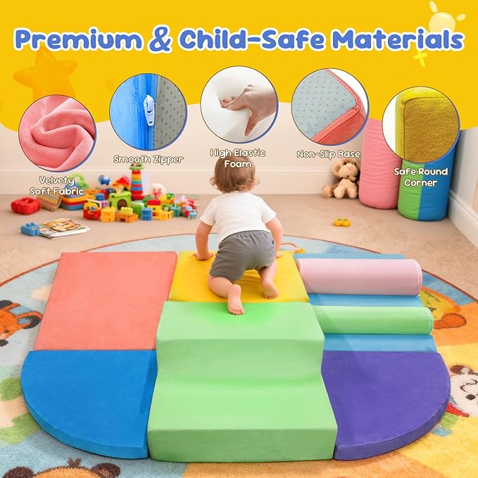 Teckid Toddler Climbing Toys 8-Piece Indoor Soft Foam Blocks Set, Safe Crawling, Climbing and Sliding Play Gym for Kids, Baby Climbing Playset