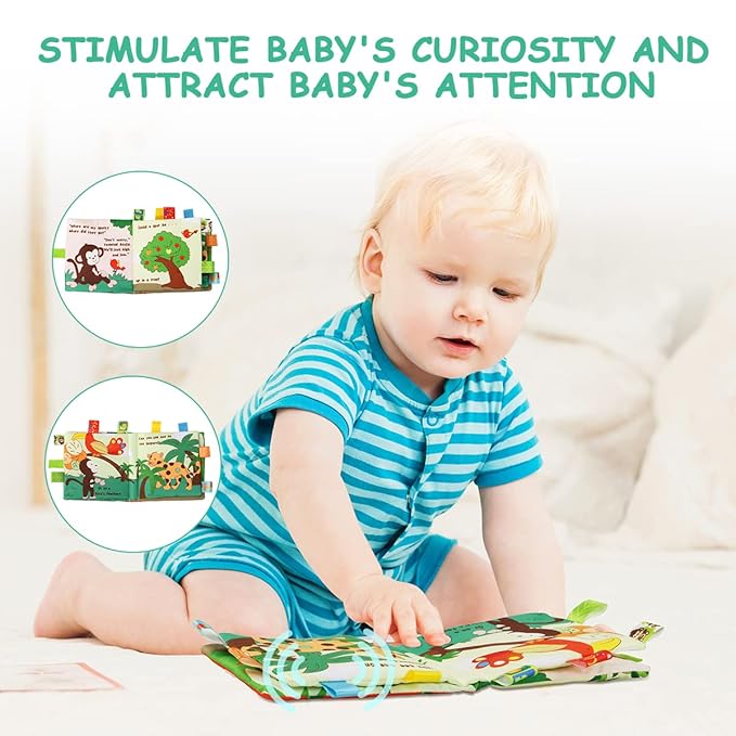 Vicloon Soft Baby Books Toys, Baby Soft Book with Animals and Label, Cloth Book Has 3D Touch and Feel Crinkle, Baby Soft Cloth Book for 0-3 Year Old, Educational Learning Toy Baby Books(Monkey)