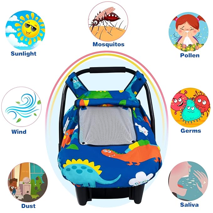 SMTTW Baby Car Seat Covers, Infant Car Canopy for Spring Summer Autumn Winter, Universal Fit, Snug Warm Breathable, Car Seat Canopy for Boys Girls (Dinasour)