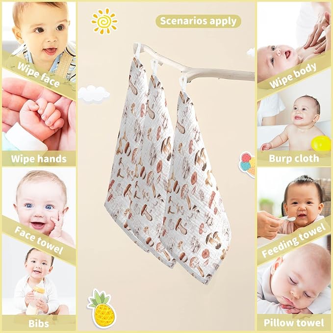 vvfelixl Baby Washcloths Cotton Different Mushrooms Baby Muslin Washcloths Soft Baby Face Towel for Newborn Infants Baby Wipes, 11.8 X 11.8 Inch, 5 Pack