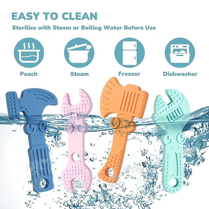 TYRY.HU Baby Teething Toys for Babies, Baby Teether Toys, BPA Free Silicone Baby Molar Teether Chew Toys, Hammer Wrench Spanner Pliers for Boys Girls, Soft-Textured, Easy to Hold & Clean, 4 Packs