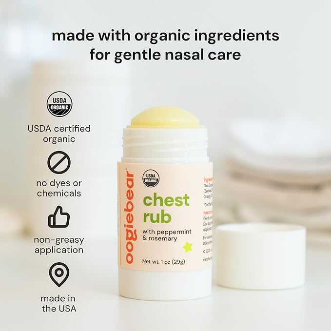 oogiebear Kids Chest Rub, USDA Organic Soothing Peppermint & Rosemary for Breathing Relief and Comfort, Petroleum Free, 30+ Months, 1.0 Oz Balm