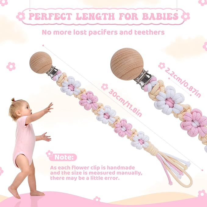 Pacifier Clip for Boys Girls Floral Daisy Macrame Baby Paci Clip Pacifier Holder Leash Boho Wooden Clips Handmade Braided Cotton Binky Clips (2pack:Pink Daisy & Lavender Style B)