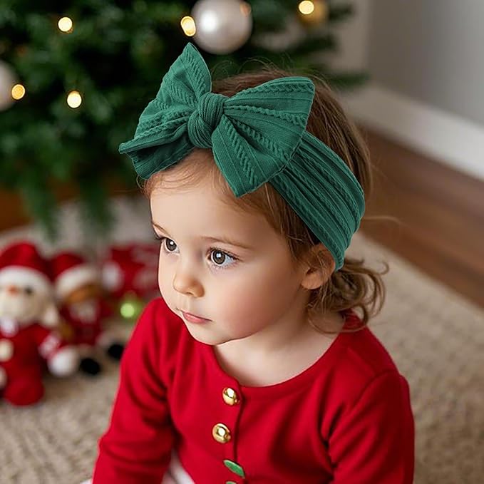 LemonSpace Handmade Baby Girls Headbands Soft Stretchy Nylon Hair Bands Hair Accessories with Bows for Newborn Baby Girls Infant Toddlers Kids (Red Green White-Merry Christmas)