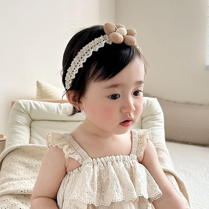 Baby Girls Hairbands Lace Flowers Headband Handmade Soft Stretchy Colorful Flower Hairband Newborn Headbands with Pearls Elastic Hairbands for Infant Head Band (Brown Flowers)