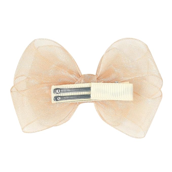 3.5-Inch Organza Hair Bows for Girls - Elegant Sheer Ribbon Alligator Clips for Toddlers, Kids, and Teens - Pack of 2, Champagne Gold