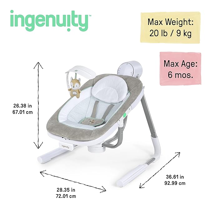 Ingenuity Anyway Sway 5-Speed Multi-Direction Portable Foldable Baby Swing & Infant Seat with Vibrations, Nature Sounds, 0-9 Months 6-20 lbs (Ray)
