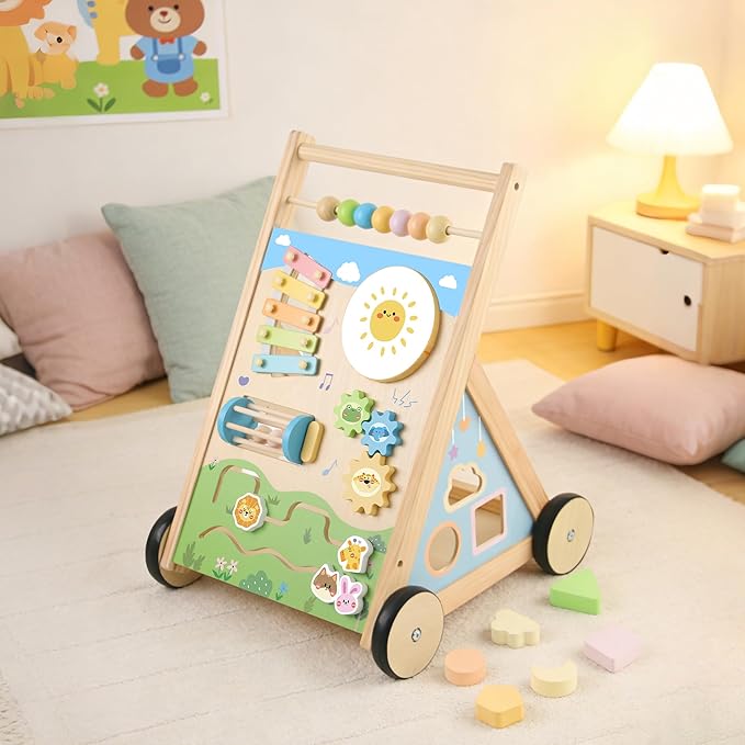 Wooden Baby Walker, Baby Walker with Wheels, Includes Montessori Sensory Toys and Activity Center, 6-18 Months for Boys and Girls