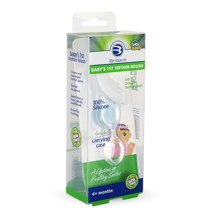 Brilliant Oral Care Baby’s First Toothbrush, Smooth Silicone Bristles Gently Clean Tender Teeth and Gums, with Storage Case, for Ages 4+ Months, Clear, 1 Pack