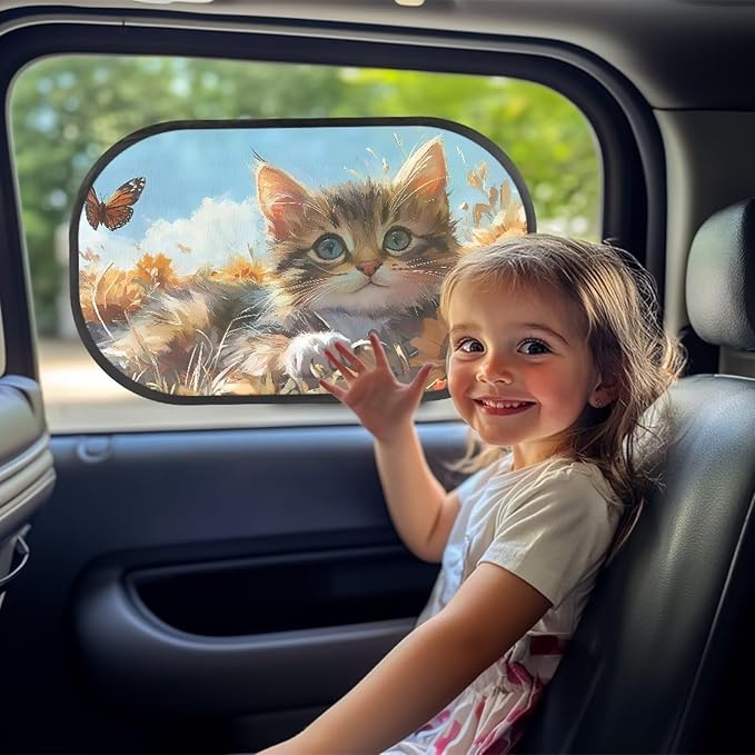 Bulopur Cute Cat Print Car Window Shades 2 Pack Car Window Covers Easy to Install Car Sun Shade Side Window Sun Protection and Sun Shade Blocker Universal Car Sun Shades
