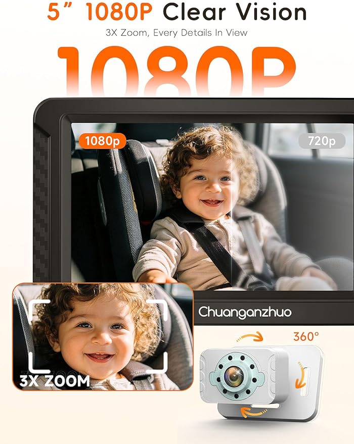 S100C Baby Car Camera with Crystal Clear Night Vision in Total Dark, USB Powered, Adjust Brightness & 1080P 5" IPS Monitor, 3X Zoom & 360° Rotating Car Seat Camera for Rear or Forward-Facing Infant