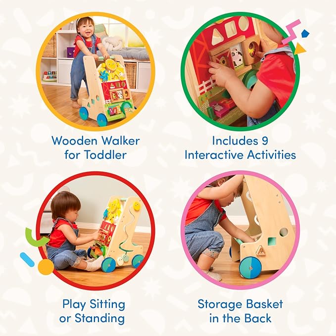 Battat – Wooden Activity Walker – 9 Educational Activities – Learning & Walking Toy for Toddlers – Stand, Push, Walk – 1 Year + – Farm Theme