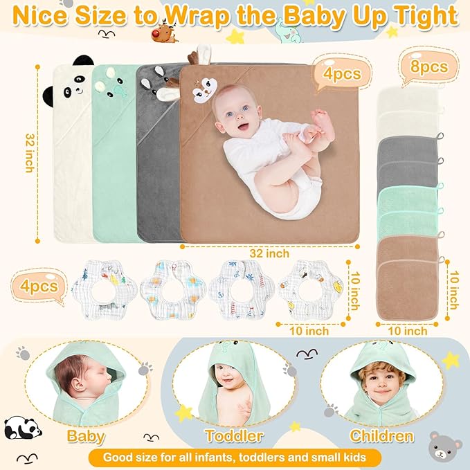 Flasoo 16 Pcs Baby Towels Set for Infants Toddlers, 4 Pcs Hooded Bath Towels, 4 Pcs Baby Bibs & 8 Pcs Washcloths Set, Absorbent Soft Newborn Gift for Boys & Girls-Elephants, Pandas, Bears & Moose