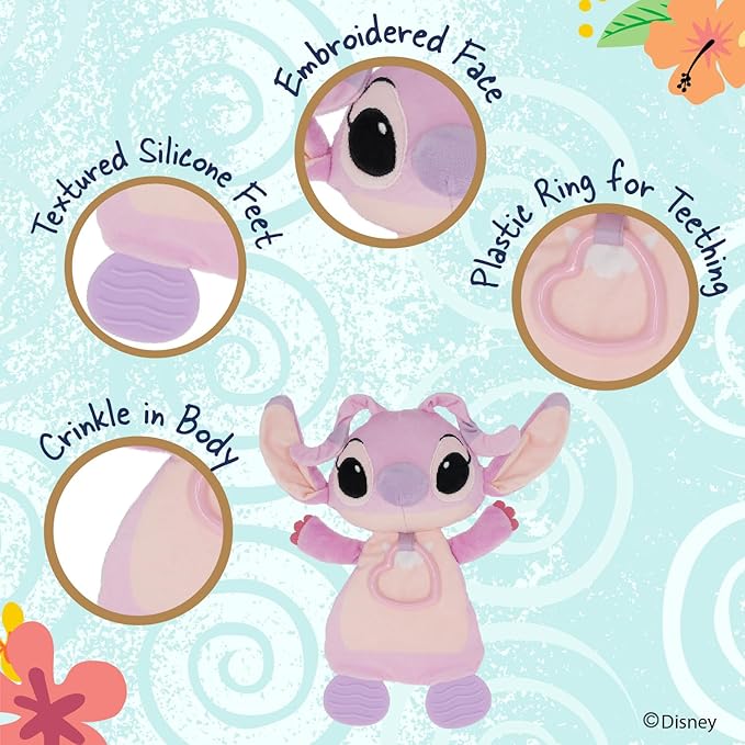 Kids Preferred Disney Baby Lilo and Stitch Angel Teether Plush Toy Crinkle Cloth for Newborn Baby Boys and Girls 10 inches