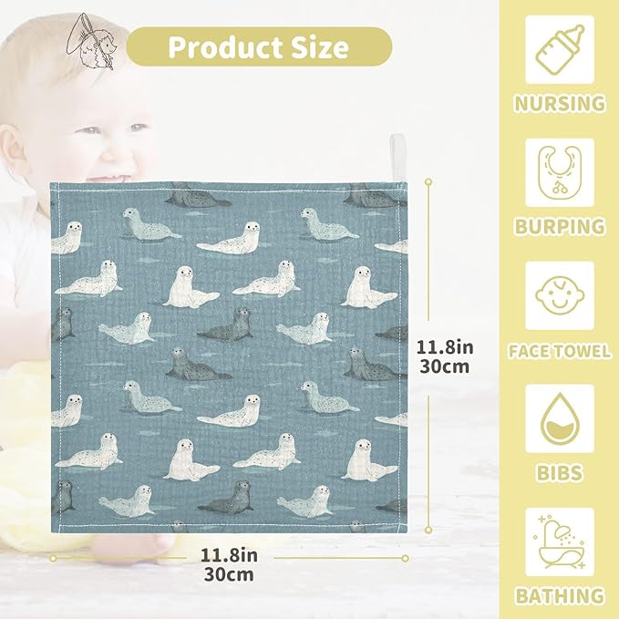 Seal Baby Washcloths Newborn Muslin Burp Cloths 3 Pack Soft Cotton Baby Face Bath Towel Drool Bibs for Infants, Girls and Boys 11.8 x 11.8 Inch