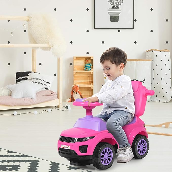 GLACER Push Cars for Toddlers 1-3, 3-in-1 Kids Sliding Car with Detachable Guardrail, Horn, Music, Lights, Storage Box and Anti-Roll Design, Ride on Push Car for Boys Girls (Pink)