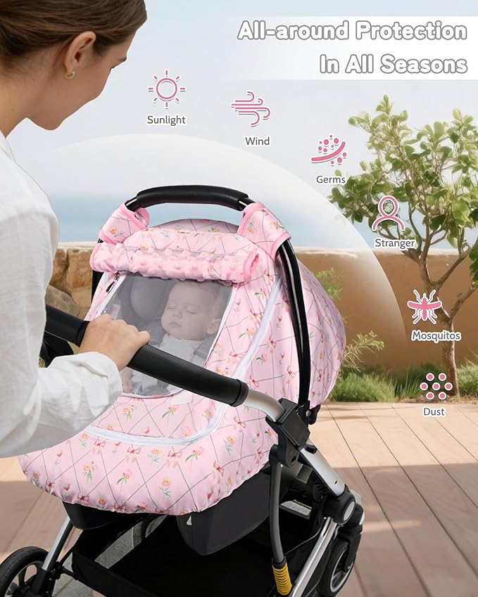 Car Seat Cover Baby Girls, Infant Carseat Covers with Mesh, Dual-Layer Protection for Summer Winter, Easy Access Newborn Canopy Breathable, Windproof & Fit Baby Stroller, Flower Bow