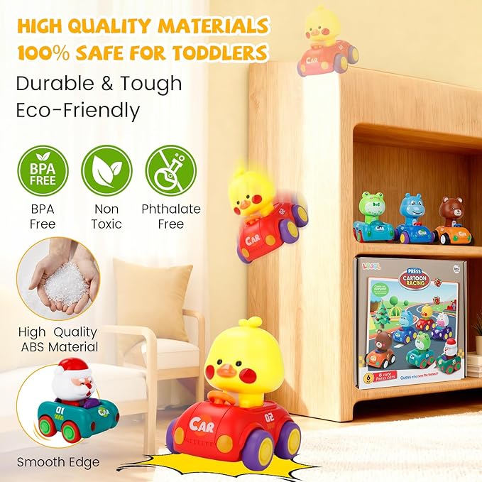 Press and Go Car Toys for Toddlers 1-3, Gifts for 1 Year Old Boy, 6 Pack Friction Powered Baby Push Cars, Infant Play Vehicle Set for 6-9-12-18 Months, 1st Birthday Gifts for 1-2 Year Old Boys Girls