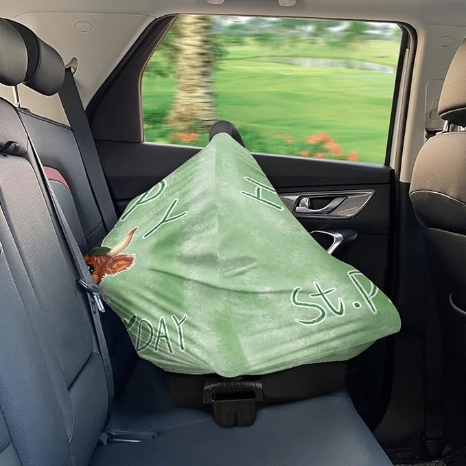 Wanyint Stretchy Baby Car Seat Cover Carseat Canopy for Babies Universal Baby Breastfeeding Stroller High Chair Shopping Cart Cover for Saint Patrick's Day Decor, Highland Cow Beer Green