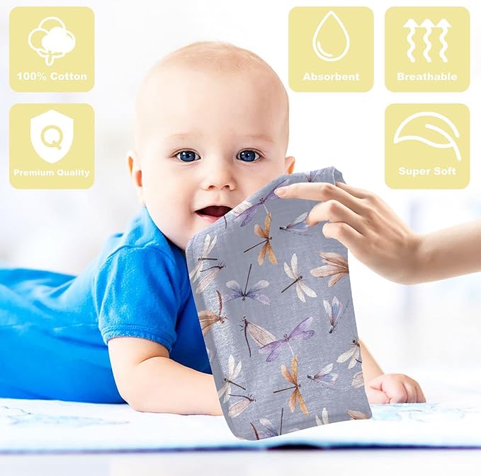 Baby Washcloths Cotton Dragonfly Baby Muslin Washcloths Soft Baby Face Towel for Newborn Infants Baby Wipes, 11.8 X 11.8 Inch, 3 Pack Lilac