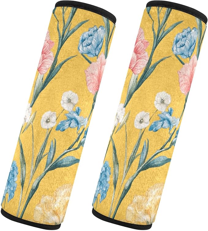 Car Seat Belt Pads Set of 2 Breathable Car Safety Seat Belt Strap Shoulder Pad for Women Men Kids M Florals Carnation Delphinium Flower Yellow