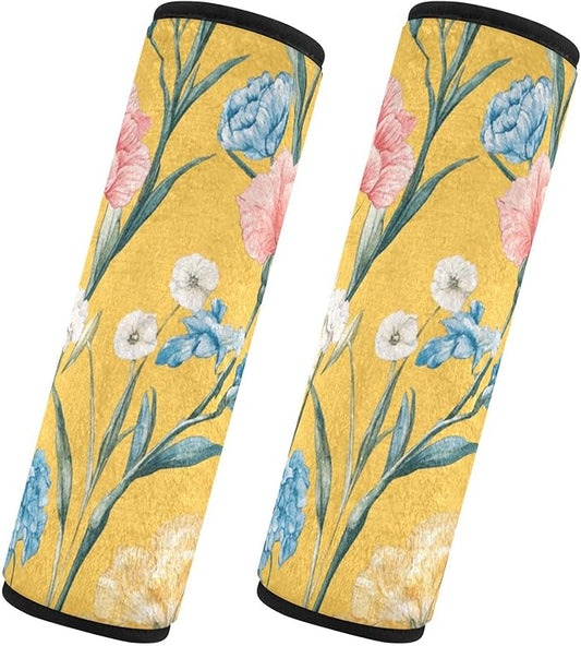 Car Seat Belt Pads Set of 2 Breathable Car Safety Seat Belt Strap Shoulder Pad for Women Men Kids M Florals Carnation Delphinium Flower Yellow