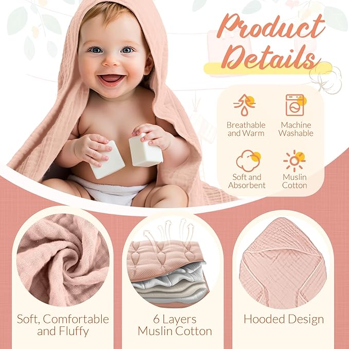 VitalCozy 12 Pcs Baby Muslin Hooded Bath Towels and Washcloths, Muslin Hooded Baby Towels Absorbent Blankets for Gift Newborn Infant Shower (Pink Beige Series)