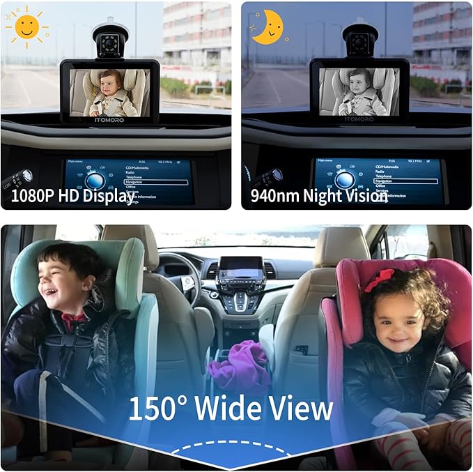 Itomoro Baby Car Camera, 5"+7" 1080P Dual Screen Car Baby Camera with Two-Way Video, Music & Video Play Supported, Night Vision & 150° Wide View Baby Monitor for Car Backseat with 64GB Storage-ACZ419