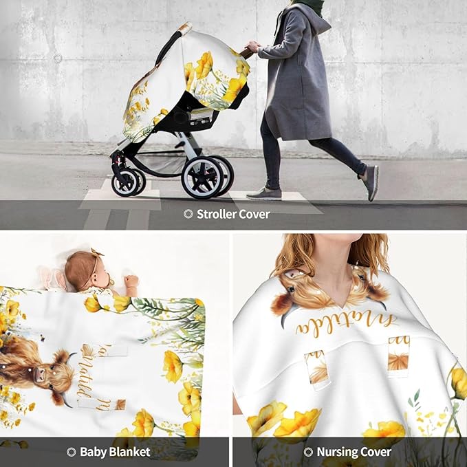 Personalized Baby Car Seat Canopy with Name – Custom Sunflower Highland Cow Minky Nursing Cover for Boys & Girls, Soft Stroller Cover for Infants & Newborns, Carseat Canopy for Breastfeeding