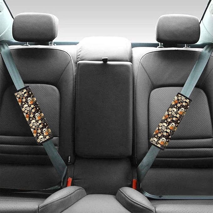Biyejit Skull Daisy Flower Car Seat Belt Covers Set of 2, Halloween Decor Car Accessories Protector Soft Seatbelt Strap Shoulder Pad for Bags Backpacks