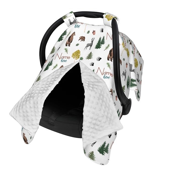 Personalized Car Seat Covers for Babies Custom Name Car Seat Canopy for Newborn Baby Boys Girls Mom Nursing Breastfeeding Covers Bear Deer Minky Baby Carrier Covers with Peekaboo Opening