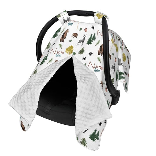 Personalized Car Seat Covers for Babies Custom Name Car Seat Canopy for Newborn Baby Boys Girls Mom Nursing Breastfeeding Covers Bear Deer Minky Baby Carrier Covers with Peekaboo Opening