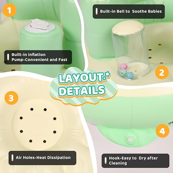 Baby Seat Inflatable Infant Floor Seat Toddler Chair Support Sitting Up Built in Air Pump with Tinkling Bells for 5-36 Months Home and Travel (Green)