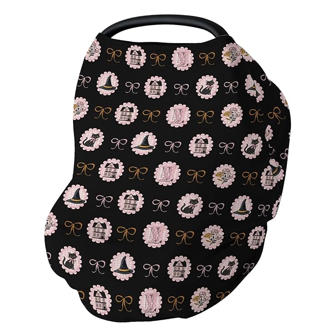 Cute Pink and Black Halloween Baby Car Seat Covers Witch Cat Castle Floral Bows Stretchy 5-in-1 Cover Adjustable Infant Carseat Cover Canopy Spooky Halloween Breathable Nursing Cover-Up