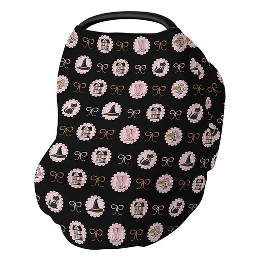 Cute Pink and Black Halloween Baby Car Seat Covers Witch Cat Castle Floral Bows Stretchy 5-in-1 Cover Adjustable Infant Carseat Cover Canopy Spooky Halloween Breathable Nursing Cover-Up