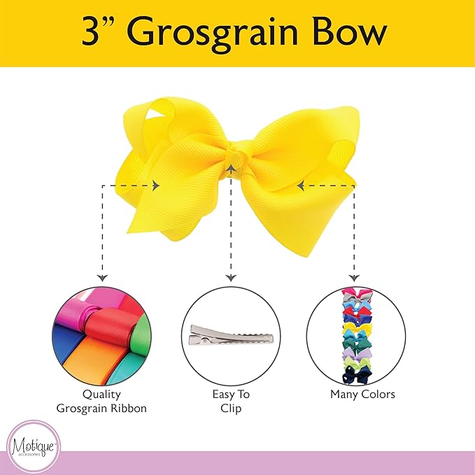 3 Inch Grosgrain Bow for Little Girls- Set of 2 (Sunshine Yellow)