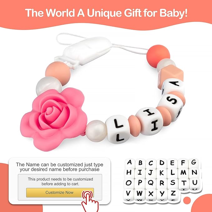 Personalized Pacifier Clip with Name for Baby, Customized Pacifier Clip Fits All Pacifiers, Pink