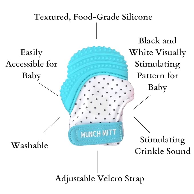 Malarkey Kids Patented Teething Mitten, Munch Mitt Baby Chew Toy - Protects Hands from Chewing & Saliva, Heals Aching Gums, Promotes Sound & Visual Stimulation for Babies - Aqua Polka Dot