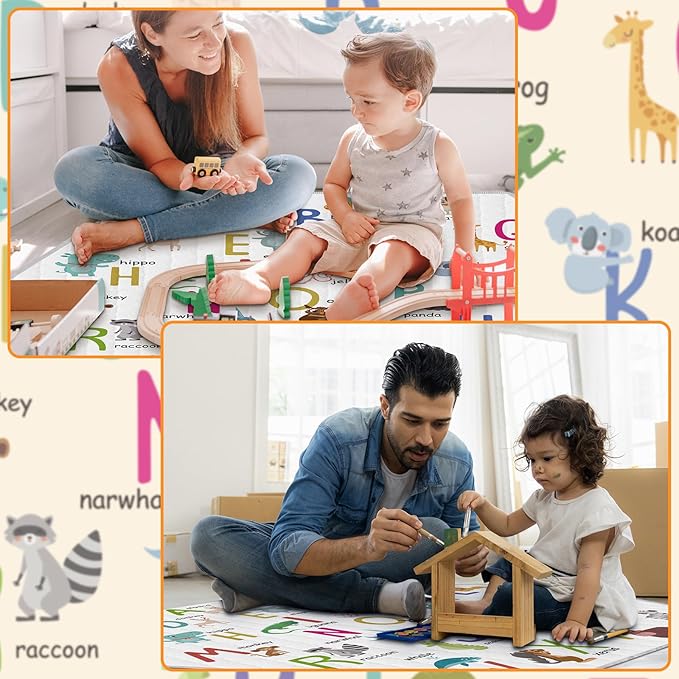 Funtery Woodland Animals Hexagon Playpen Mat Baby Play Mat Foldable Soft Nursery Rug Portable Baby Playmat Washable Comfortable Hexagon Playpen Mattress for Floor Activity Room Indoor Outdoor (Fresh)