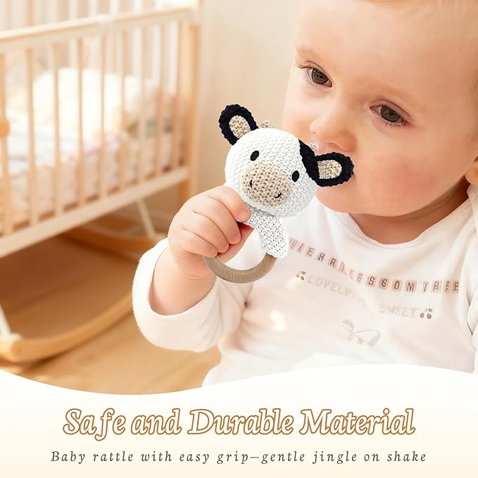 10" Handmade Crochet Cow Stuffed Animal, Baby-Safe Cotton Plush with Rattle, Hypoallergenic Toy for Newborns 0-12 Months, Ideal Baby Shower & 1st Birthday Gift