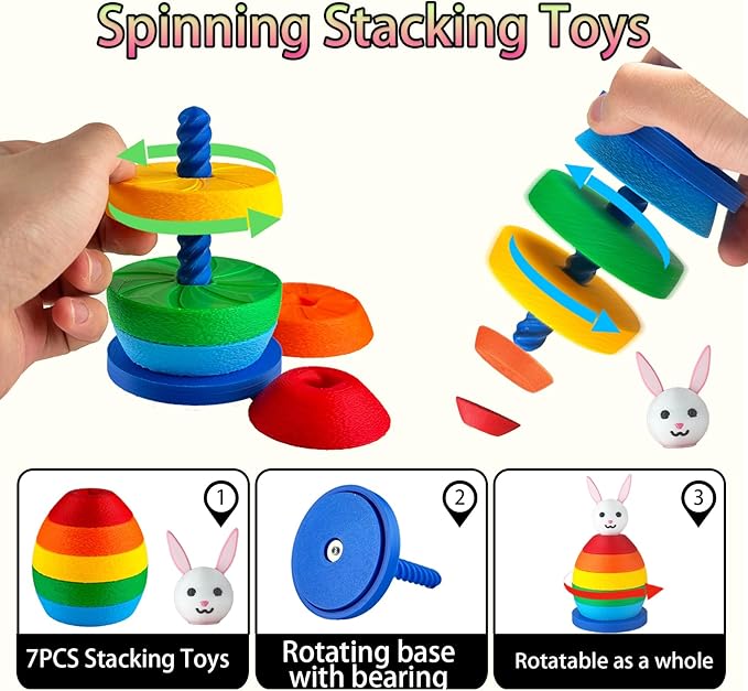 Spinning Stacking Toys for Toddlers 1-3,Rainbow Bunny Eggs Montessori Sorting Toy for Baby Kid,Autism Christmas Easter Birthday Gift