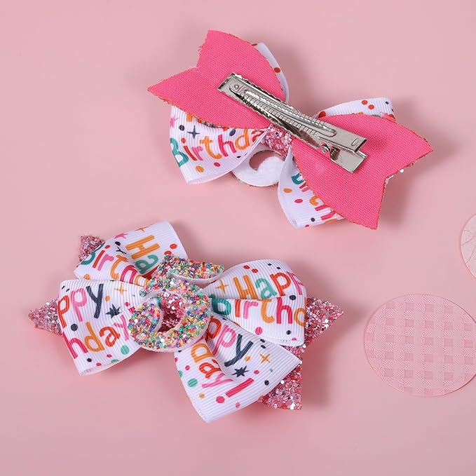4" Glitter Happy Birthday Hair Bow Clips for Girls Ages 1-6, Pink Ribbon Cheer Bow Barrettes Alligator Hairpins, Confetti Ice Cream Party Dress Accessories, Her 5th Birthday Gift