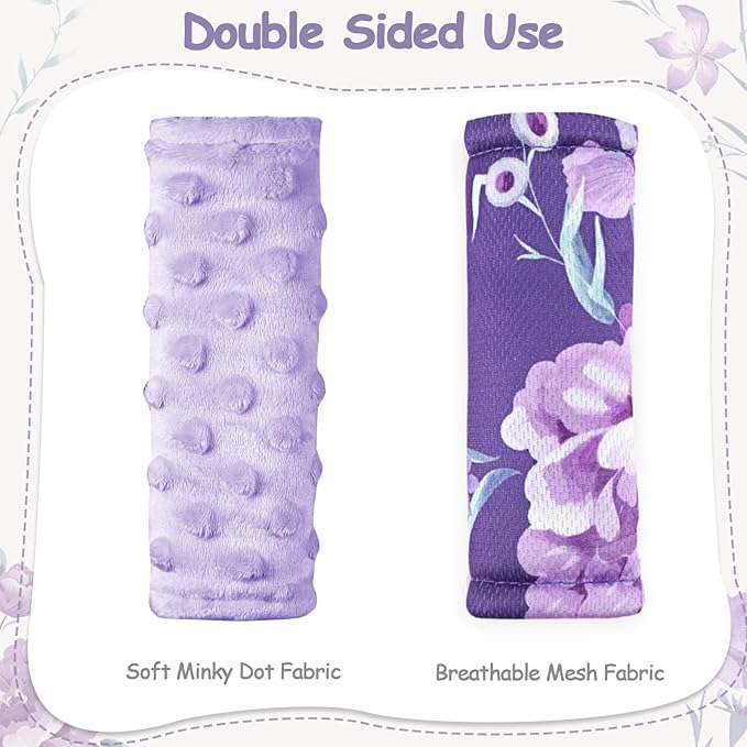 Baby Car Seat Strap Pads Suit, 3 Pieces Soft Car Seat Strap Shoulder Covers for Baby Infant Toddler, Double-Sided Car Seat Belt Covers for Stroller, Pushchair, Baby Swing, Purple Floral