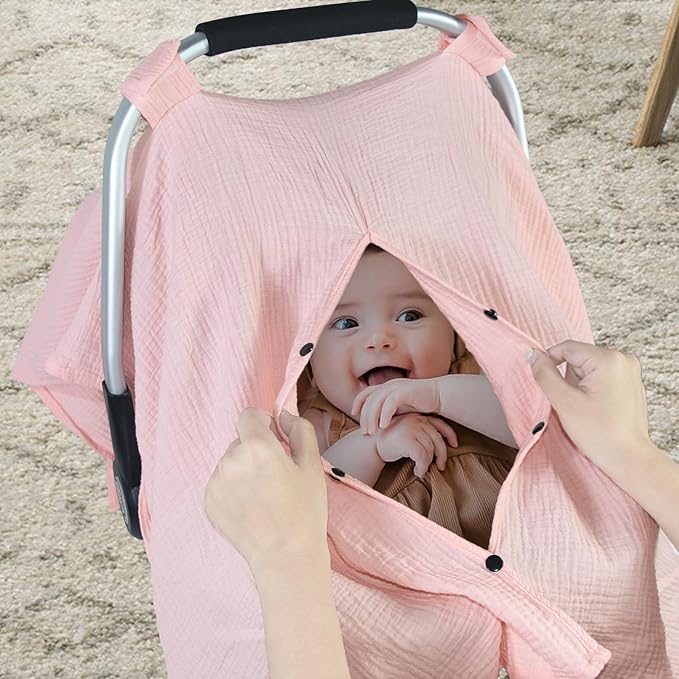 Organic Cotton Muslin Baby Car Seat Cover, Multi Use for Nursing Cover,Breathable Carseat Canopy for Boys Girls (Pink)
