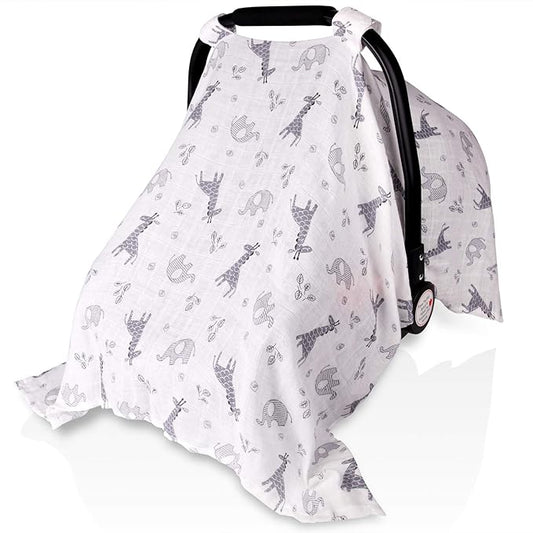 Metplus Car Seat Cover Baby boy, 100% Muslin Cotton Infant Carseat Covers, Lightweight Breathable Car Seat Canopy, Summer Stroller Sun Shade, Newborn Travel Essentials(Elephant Giraffe)