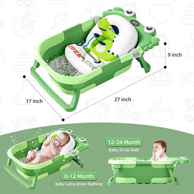 Collapsible Baby Bathtub for Newborns to Toddler with Real-time Temp Monitor & Floating Cushion,Portable Travel Tub for 0-36 Month, Foldable Baby Bath Tub for Infants(Vivid Green)