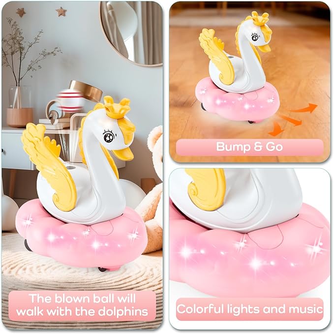 Baby Swan Musical Crawling Toy with Lights, Sounds, Blowing Ball, Infant Sensory Toys, Birthday Gifts for Kids Boy Girl 3 4 5 6 7 8 Years