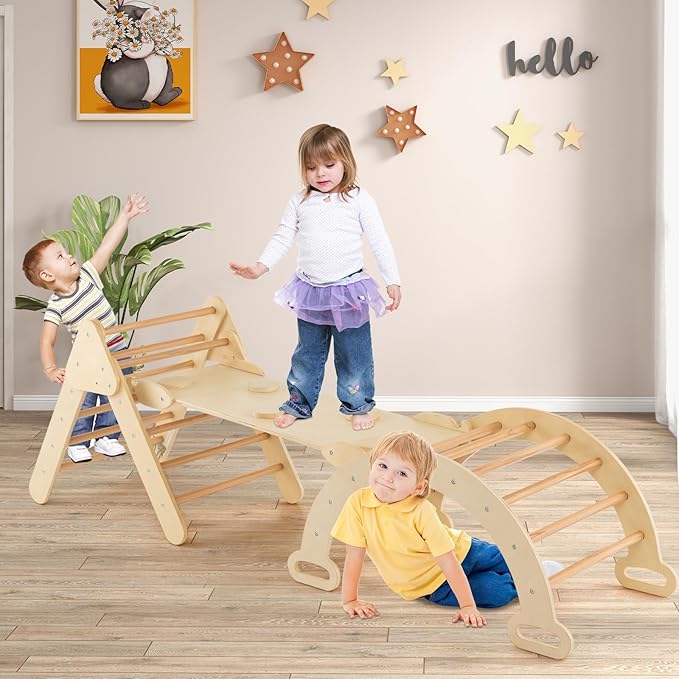 Olakids Pikler Triangle Set 7 in 1 Climbing Toys for Toddlers 1-3 Inside Foldable Wood Montessori Jungle Gym with Ramp Slide Arch Rocker Ladder Indoor Kids Activity Playground Baby Climber