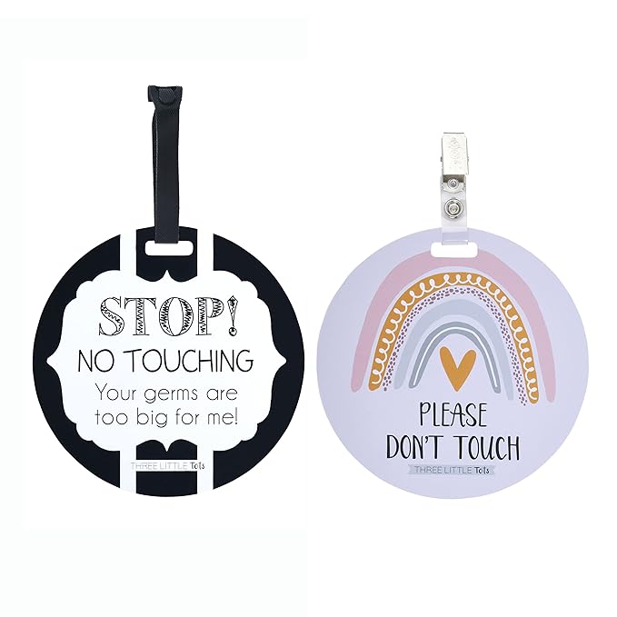 (Three Little Tots) No Touching Baby Car Seat and Stroller Two Pack- Baby Safety No Touching Car Seat Sign, Stroller Sign, Newborn Car Seat Tag- CPSIA Safety Tested (Rainbow/Black & White)